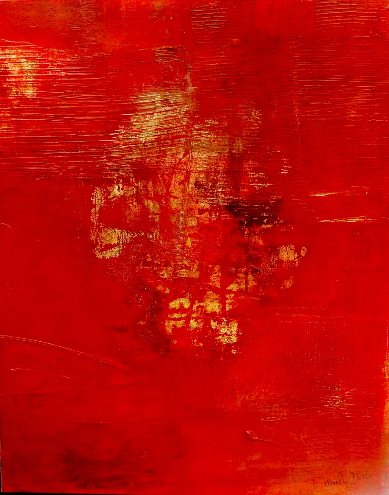 Christa Haack's "Rote Illusion 2" Peinture expressionniste abstraite rouge avec de véritables feuilles d'or sur toile de coton.