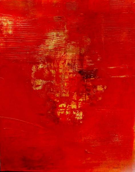 Christa Haack's "Red Illusion 2" Expressionist abstract red painting with real gold leaf on cotton canvas.