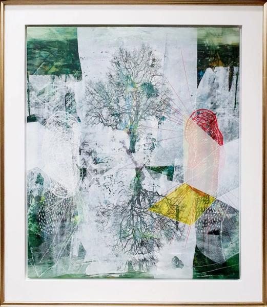 Dieter Nusbaum abstrakte Malerei Siebdruck Baum ohne Blätter Spiegelung und Illustration Linien und Formen