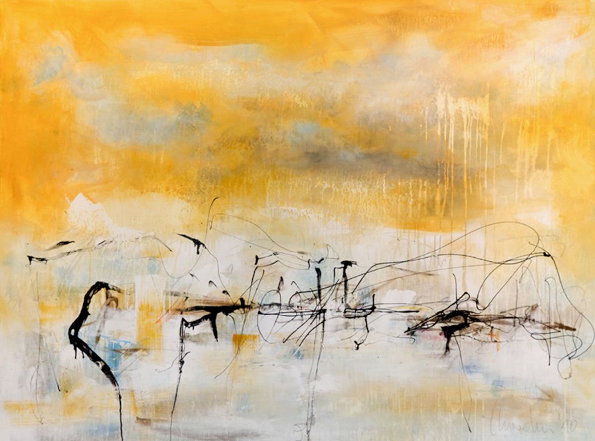 Martina Chardin abstrakte Malerei gelber Himmel mit schwarzen Linien