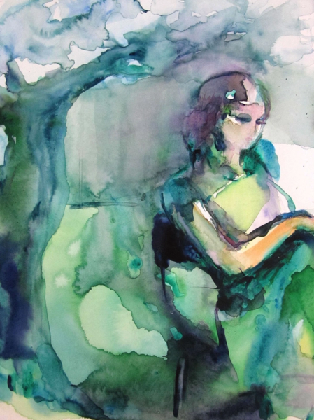 Sylvia Baldeva's "Douceur verte" zeigt ein Aquarell, semi-abstraktes gemaltes Gemälde. Szene des Lebens, Ruhe, gutes Leben, Gedanken, Frau, Gelassenheit. Farbe Türkis, Grün, Blau. Aquarell auf Canson®-Papier 