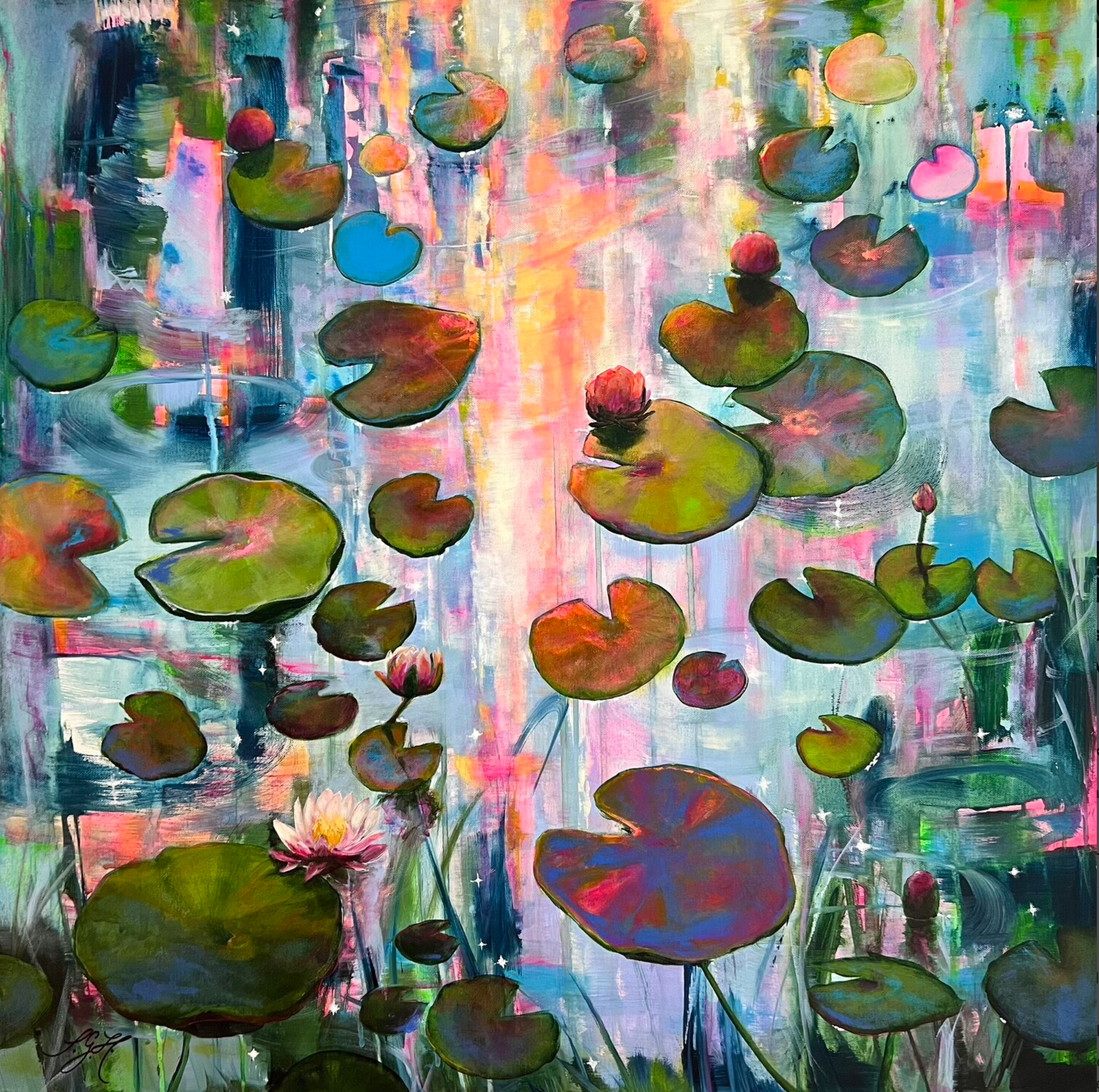 Il dipinto colorato "Always Waterlilies 7" di Sandra Gebhardt-Hoepfner mostra delle ninfee che galleggiano sull'acqua in leggero movimento sotto il sole già leggermente calante. I colori sono rosa neon, azzurro, blu scuro, verde scuro, verde chiaro, giallo, turchese e arancione chiaro.
