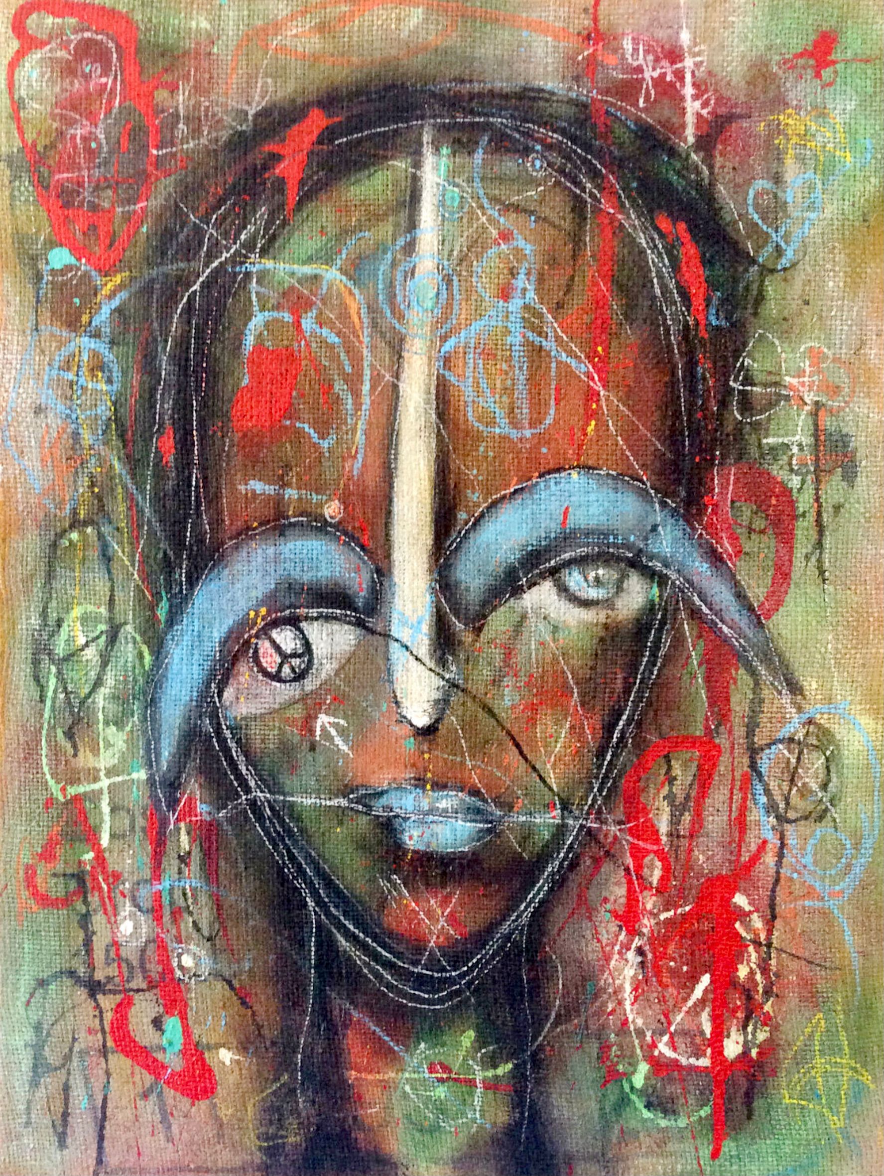 El expresivo retrato semiabstracto "Buscando la paz", de Ilona Schmidt, muestra el rostro de una mujer. Los colores rojo, naranja, turquesa, verde y azul dominan este cuadro.