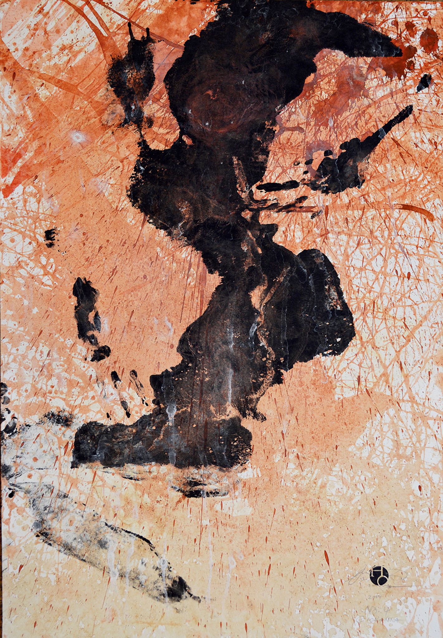 Hushang Omidizadeh peinture abstraite corps empreinte d'une femme en noir et orange