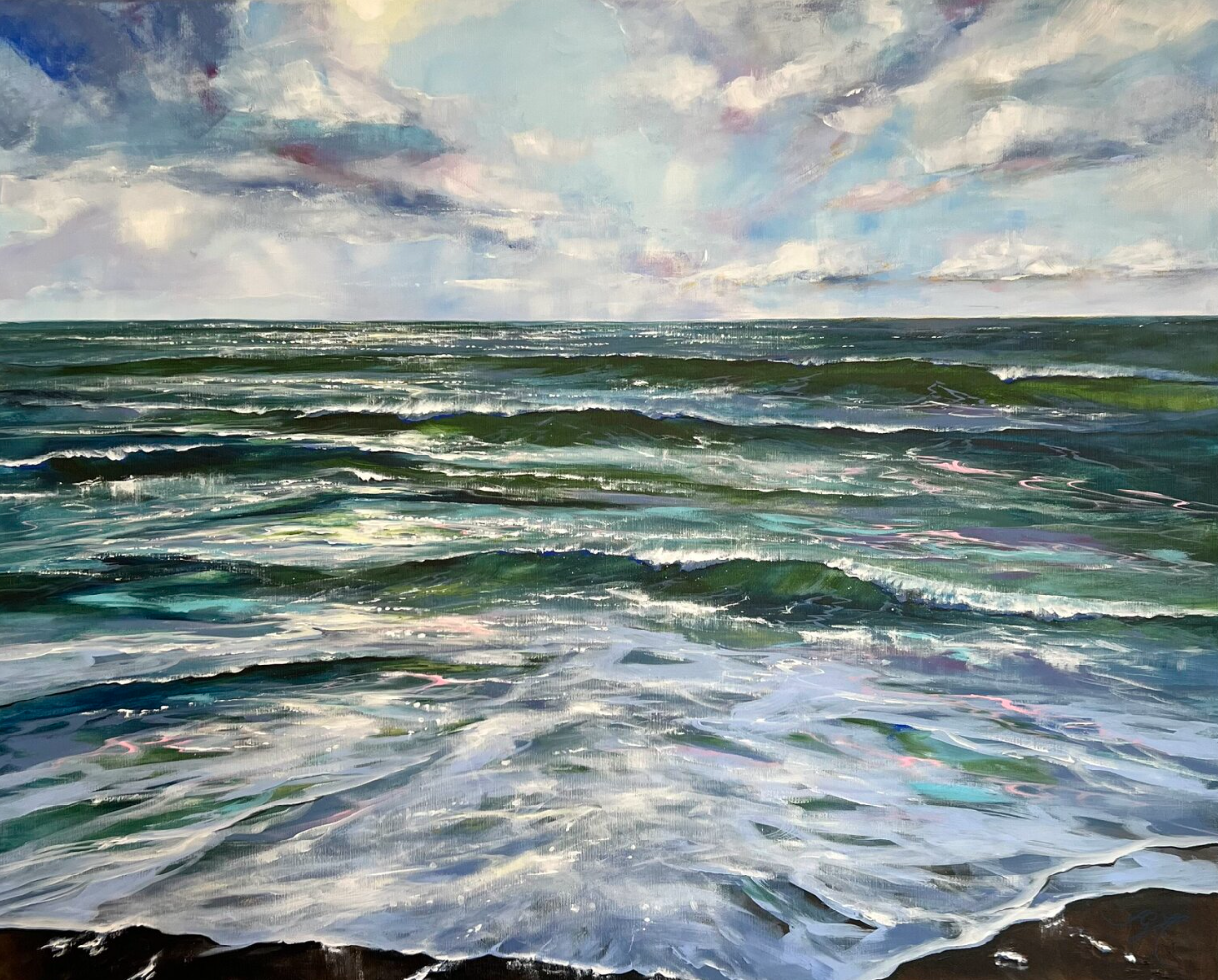 El cuadro "Oceanlove 7" de Sandra Gebhardt-Hoepfner muestra, el mar, los rayos del sol, la maravillosa nube, el maravilloso color verde claro y azul claro del agua. Los colores son verde claro y verde oscuro, azul oscuro, azul claro, mucho blanco, gris azulado y gris oscuro.