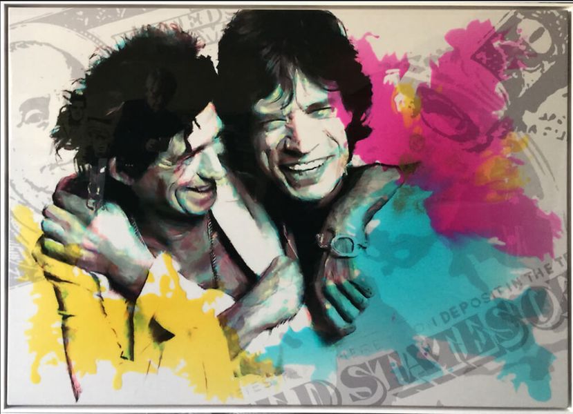 Jürgen Kuhl abstract painting silkscreen Mick Jagger and Keith Richards with colour spots