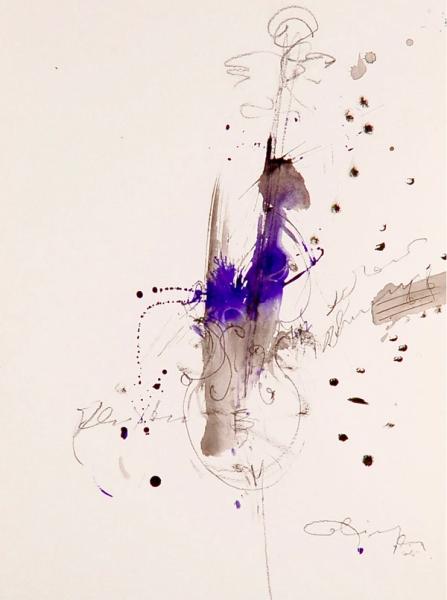 Marie-Paule Olinger Abstract Blob Painting Purple Flower Cello