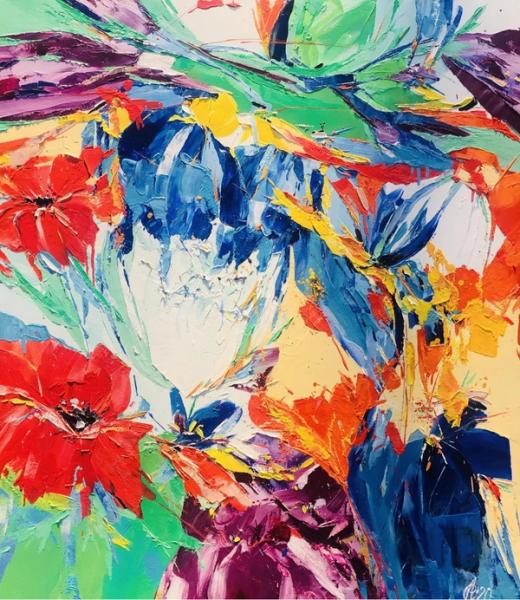 Svitlana Andriichenko ist eine Ukraine/Deutsche Malerei-Künstlerin. "Kaleidoscope" ist ein abstraktes buntes Blumenbild. 