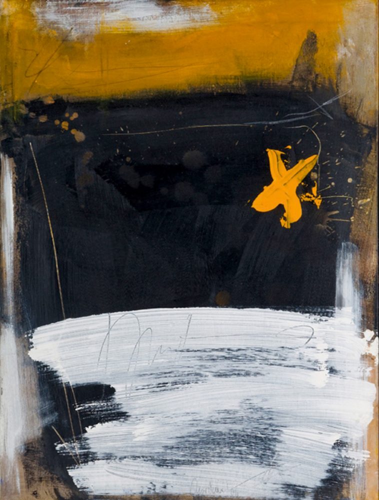 Martina Chardin abstrakte Malerei schwarz weiße Fläche mit gelben Akzent Kreuz