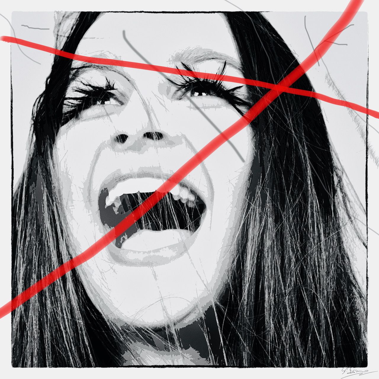 Ute Bruno Foto Malerei schreiende Frau mit roter Übermalung