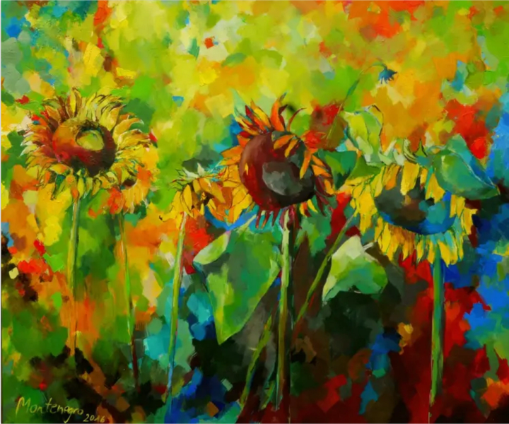 Miriam Montenegro expressionistische Malerei Sonnenblumen mit buntem Hintergrund