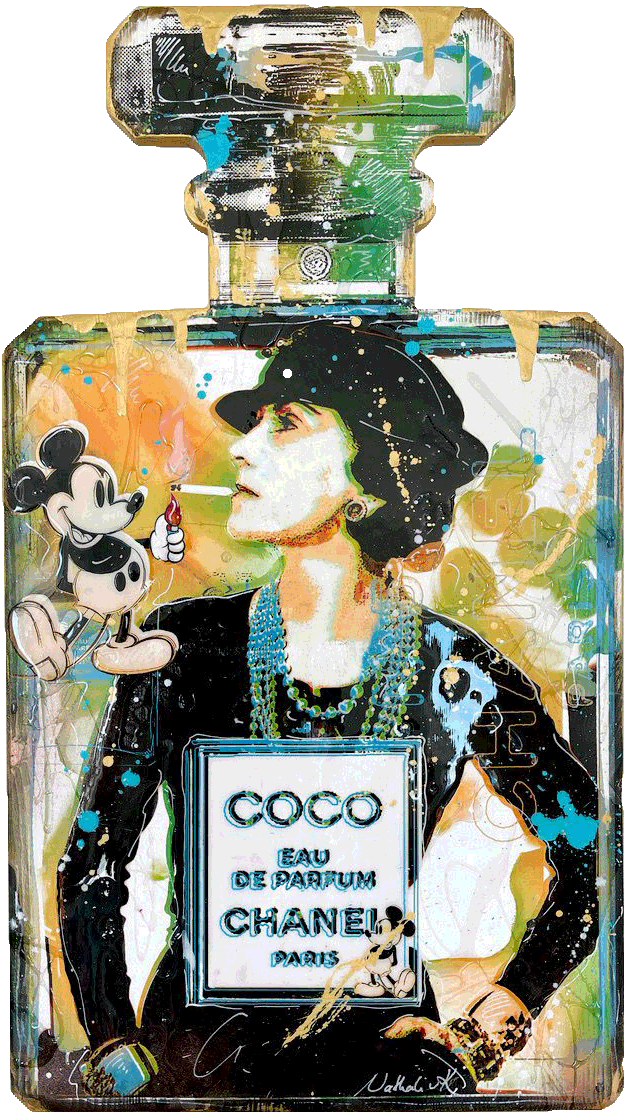 Nathali von Kretschmann Collage Coco Chanel su bottiglia di profumo con sigaretta e Topolino con accendino