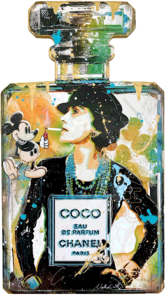 Nathali von Kretschmann Collage Coco Chanel auf Parfümflasche mit Zigarette und Mickey Mouse mit Feuerzeug  