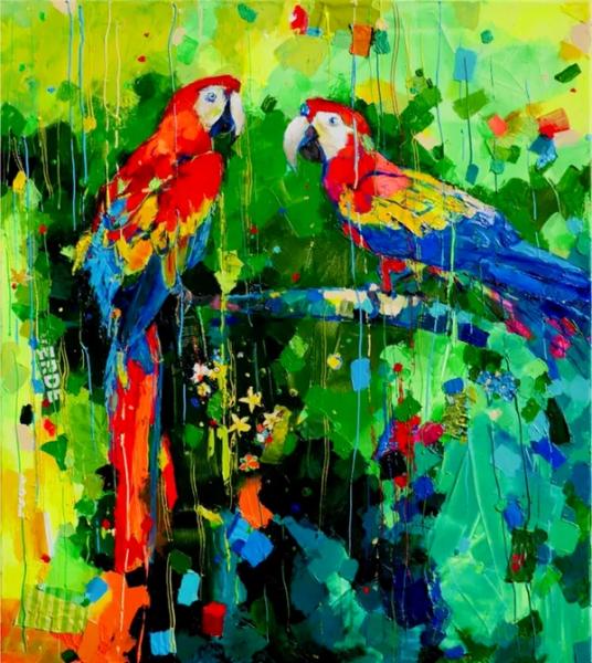 Miriam Montenegro expressionist painting red parrots on green background