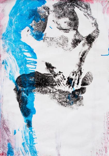 Hushang Omidizadeh abstrakte Malerei Körper Abdruck einer FRau in schwarz und blau 
