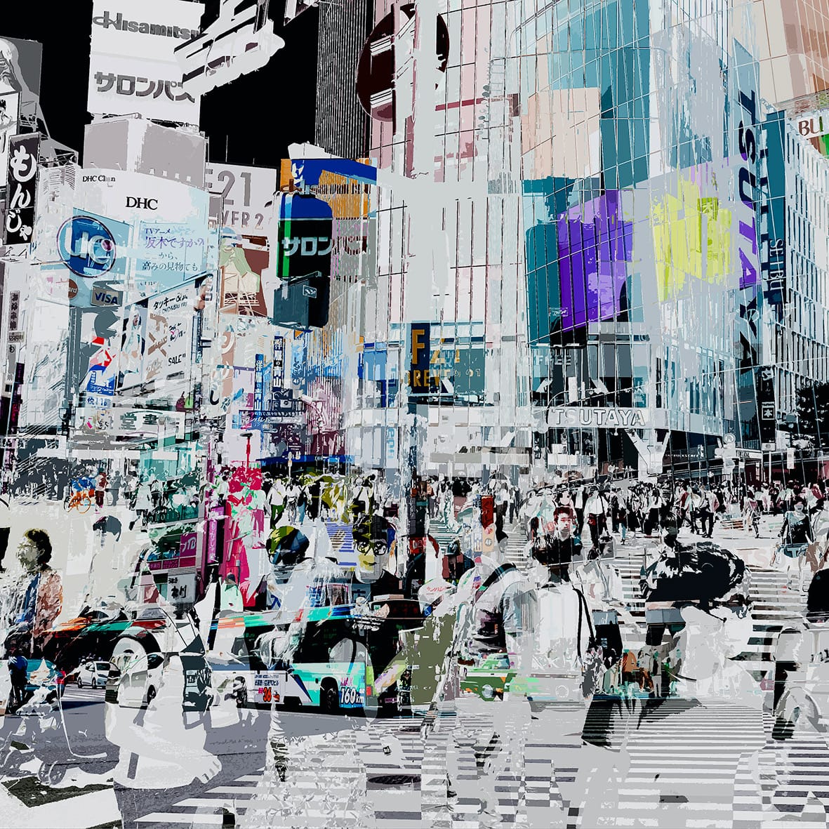 Ute Bruno Collage digitale Centro città del Giappone con sovrapposizione di persone in bianco e nero