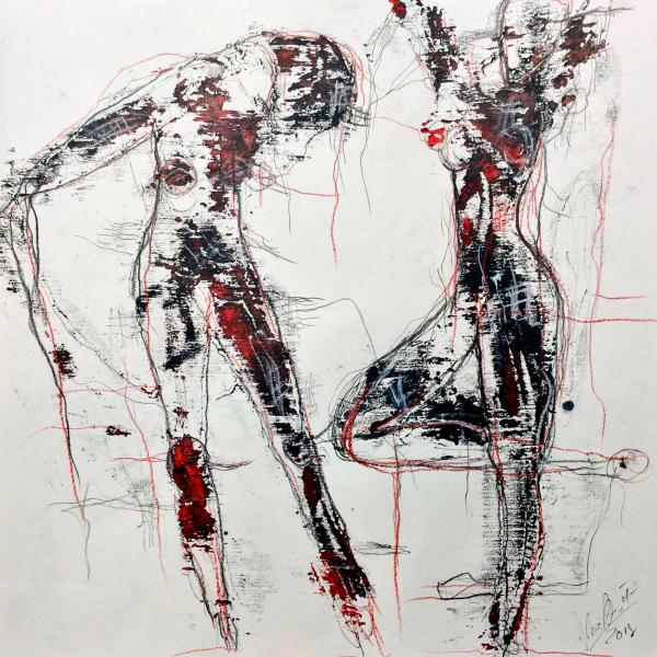 Ilona Schmidt's "Monoprint Nr. 20" semi-abstraktes  expressives Porträtgemälde/Zeichnung  zeigt 2 nackte Frauenkörper. Die Farben Schwarz, Weiß, mit roten Farbtupfern dominieren in diesem Bild.