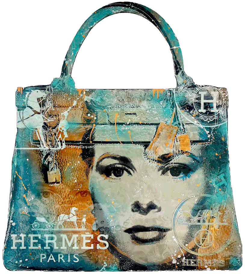 Nathali von Kretschmann collage abstrait sac Hermes avec portrait de Grace Kelly