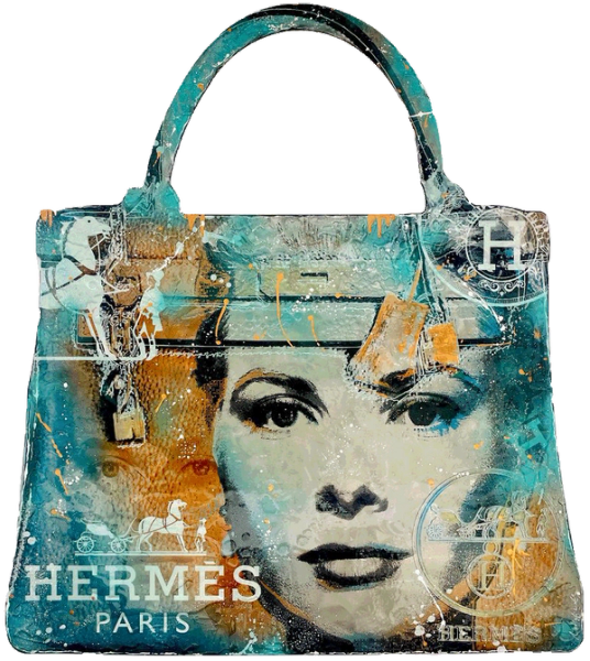 Nathali von Kretschmann Collage astratto Borsa Hermes con ritratto di Grace Kelly