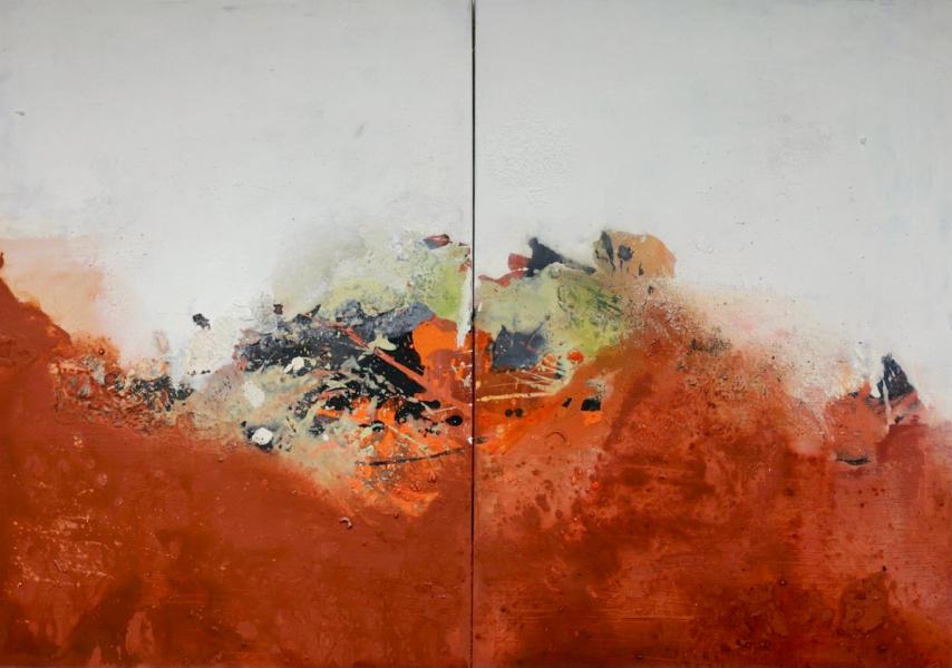 Christa Haack's "I will be there 3 + 4 - Diptych" This abstract colourful painting, consists of two pictures joined together. The colours are predominantly red with green and blue on a grey ground.