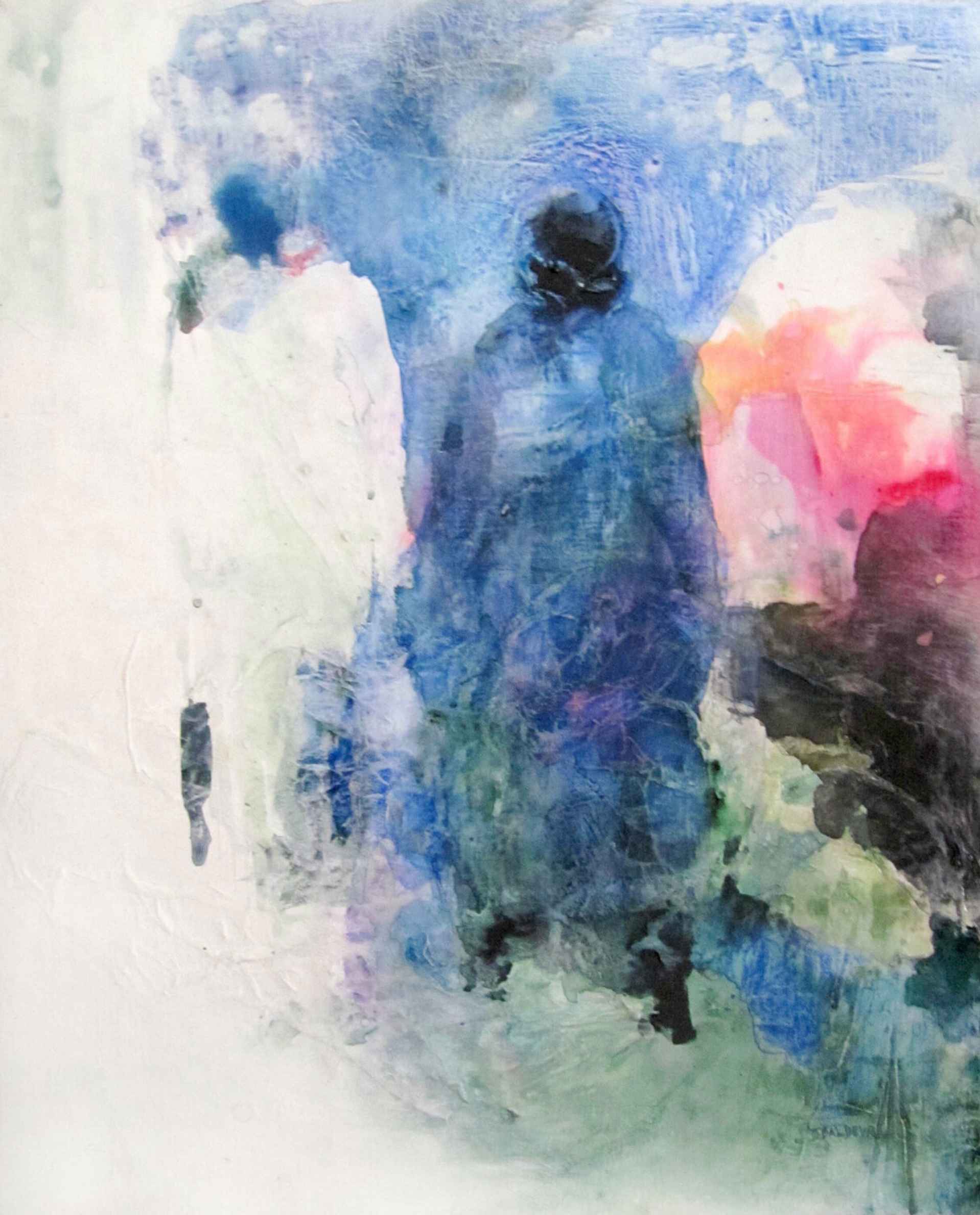 Sylvia Baldeva的 "Point de rencontre "展示了一幅水彩画，半抽象的绘画。剪影，街上的人物，生活的场景。  水彩和墨水在皱巴巴的纸和亚麻布上涂漆。