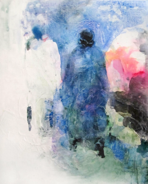 Sylvia Baldeva's "Point de rencontre" zeigt ein Aquarell, semi-abstraktes gemaltes Gemälde. Silhouetten, Charakter auf der Straße, Szene des Lebens.  Aquarell und Tinte auf zerknittertem Papier und Leinen Leinwand  Lackiert.