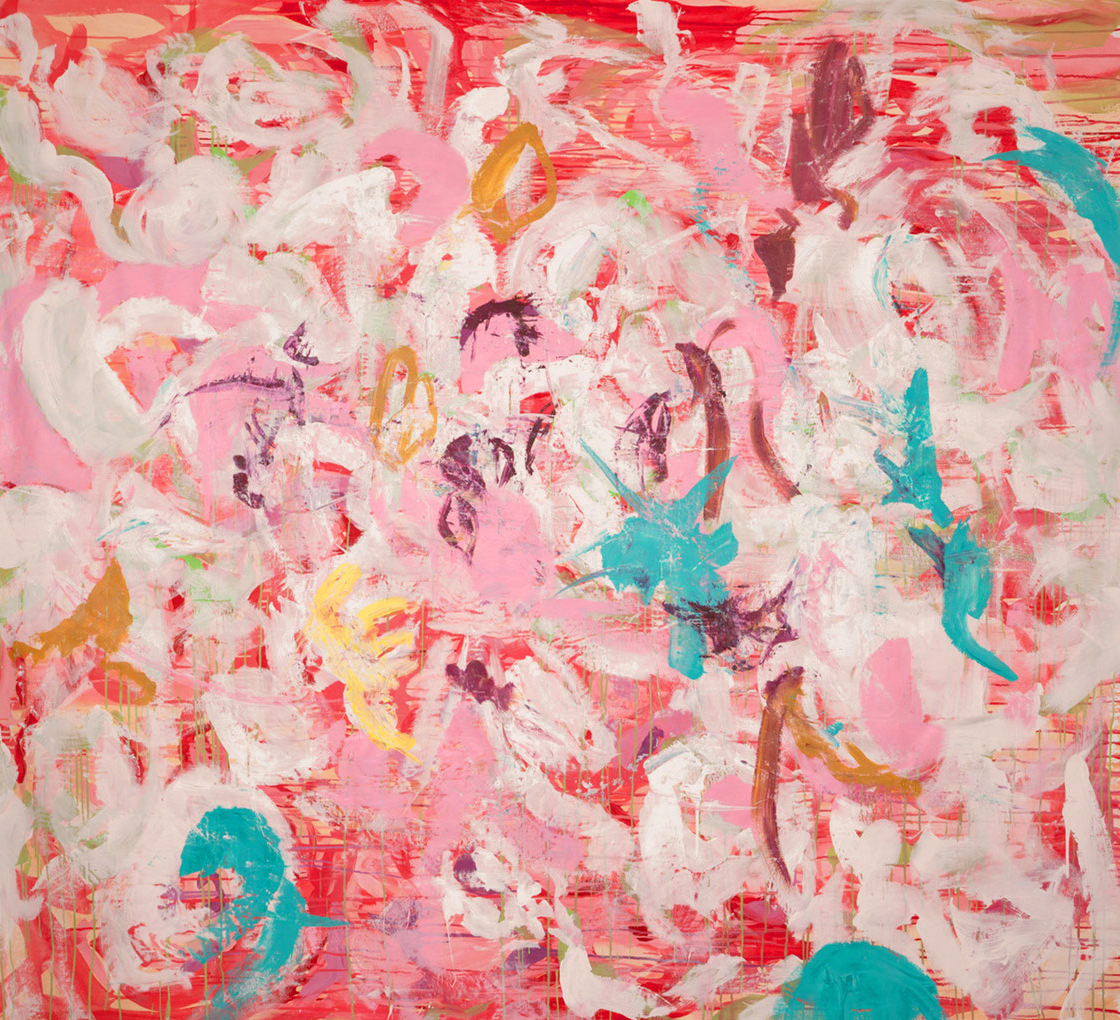 Elena Panknin pintura abstracta goteada con flores blancas rosadas y formas