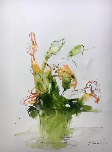 Marie-Paule Olinger Abstract Blob Painting Green Orange Flower Plant