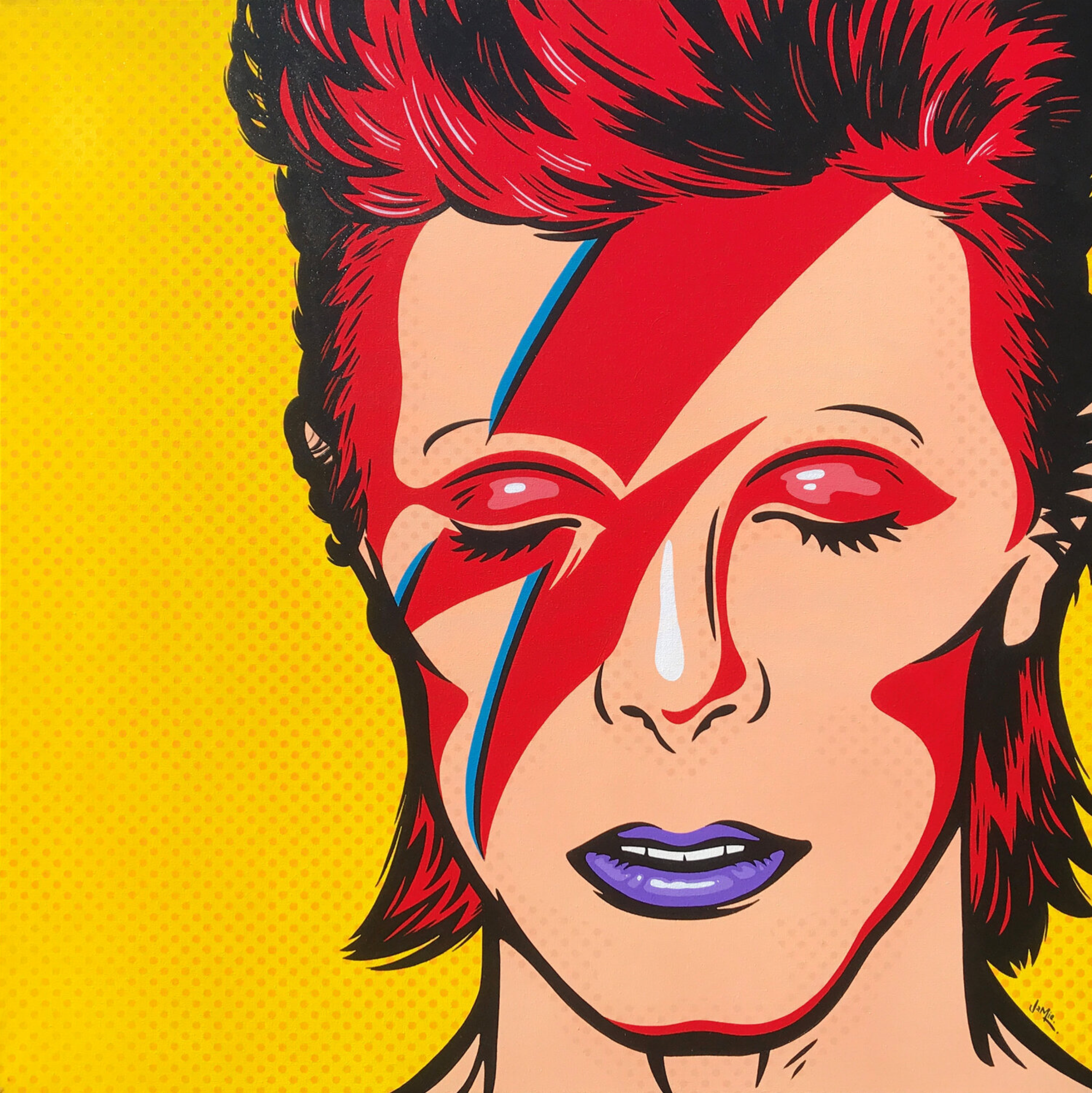 Pintura pop art "David Bowie" de Jamie Lee en estilo cómic con diseño original. David Bowie como Aladdin Sane sobre un fondo de puntos amarillos. Versión pop art pintada a mano en estilo cómic de la legendaria imagen de la portada del álbum.