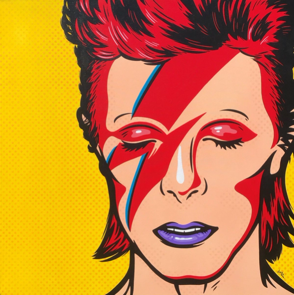 Jamie Lee's "David Bowie" Pop-Art-Gemälde im Comic-Stil mit originellem Design. David Bowie als Aladdin Sane auf einem gelben Punkthintergrund. Handgemalte Pop-Art-Version im Comic-Stil des legendären Album-Cover-Bildes.