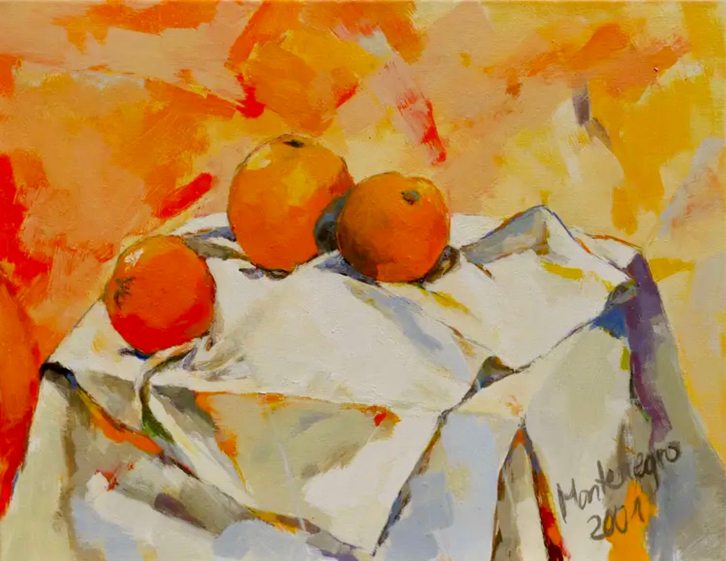 Miriam Montenegro pintura expresionista naranja sobre tela blanca