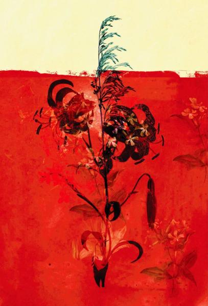 Teis Albers abstrakte Malerei Lilie mit roter Farbe übermalt