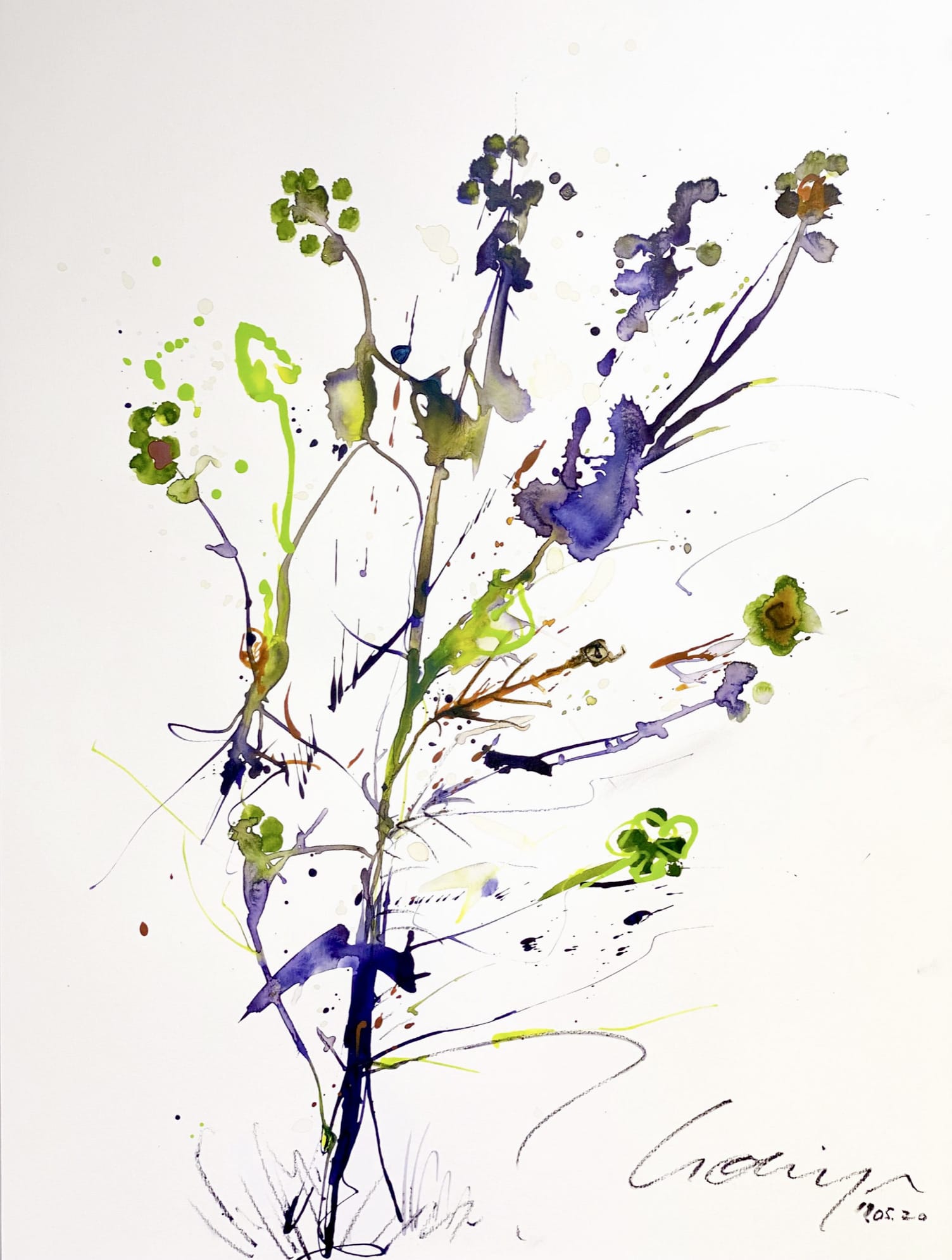 Marie-Paule Olinger pintura abstracta mancha flores púrpura amarillo