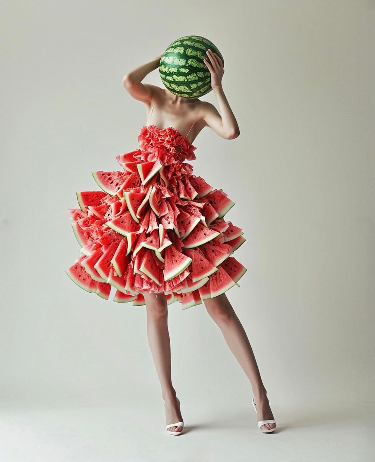 Bonny Carrera's KI generiertes Porträtbild "Watermelon Dress" zeigt eine farbige Frau mit einer dekorativen Wassermelone Kleid