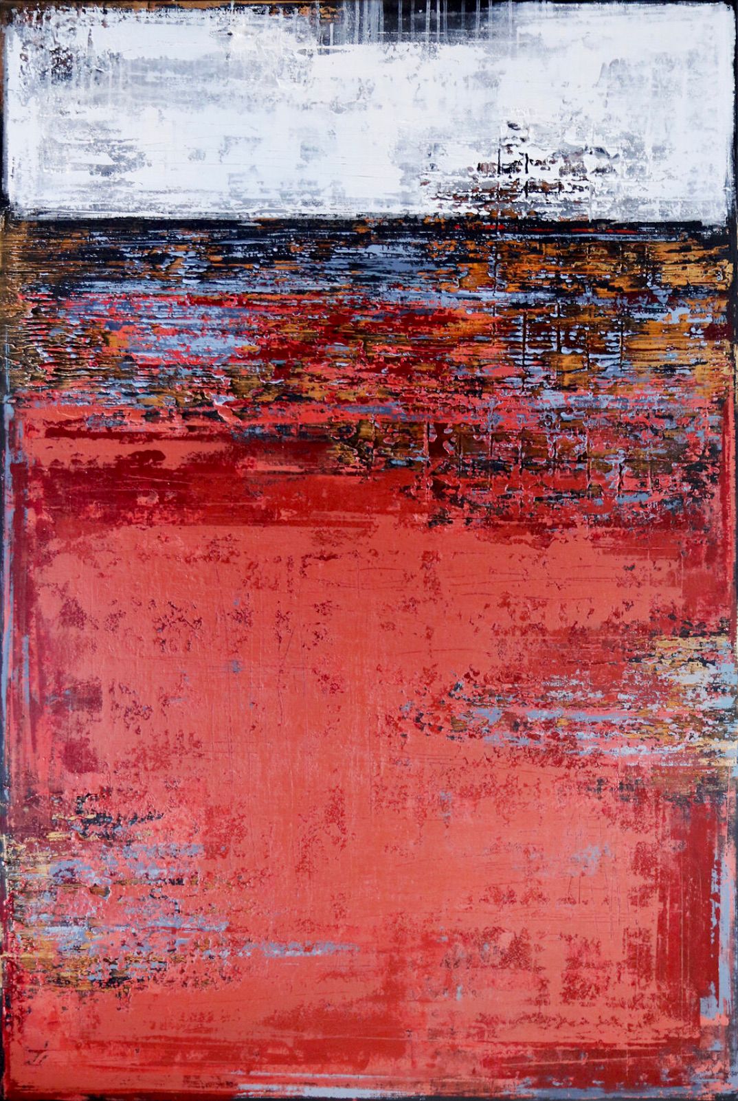 Inez Froehlich's "FADED RED" abstract painting is dominated by colours, brick red, white, black, blue, gold. The style of the painting is shabby chic, industrial style, vintage, retro, boho, rustic.