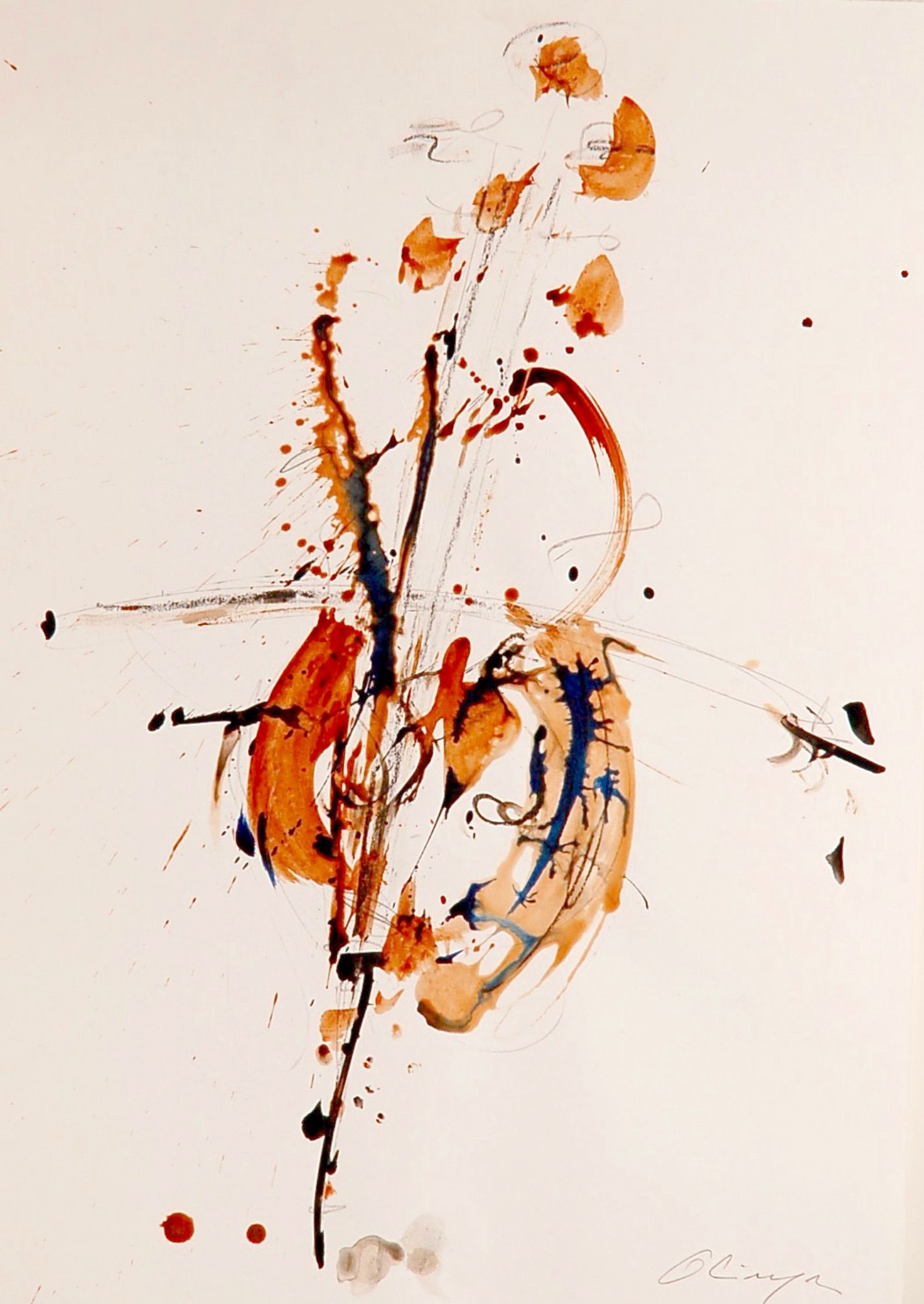 Marie-Paule Olinger abstrakte Klecks Malerei orange Blume Cello