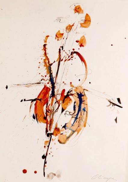 Marie-Paule Olinger abstrakte Klecks Malerei orange Blume Cello