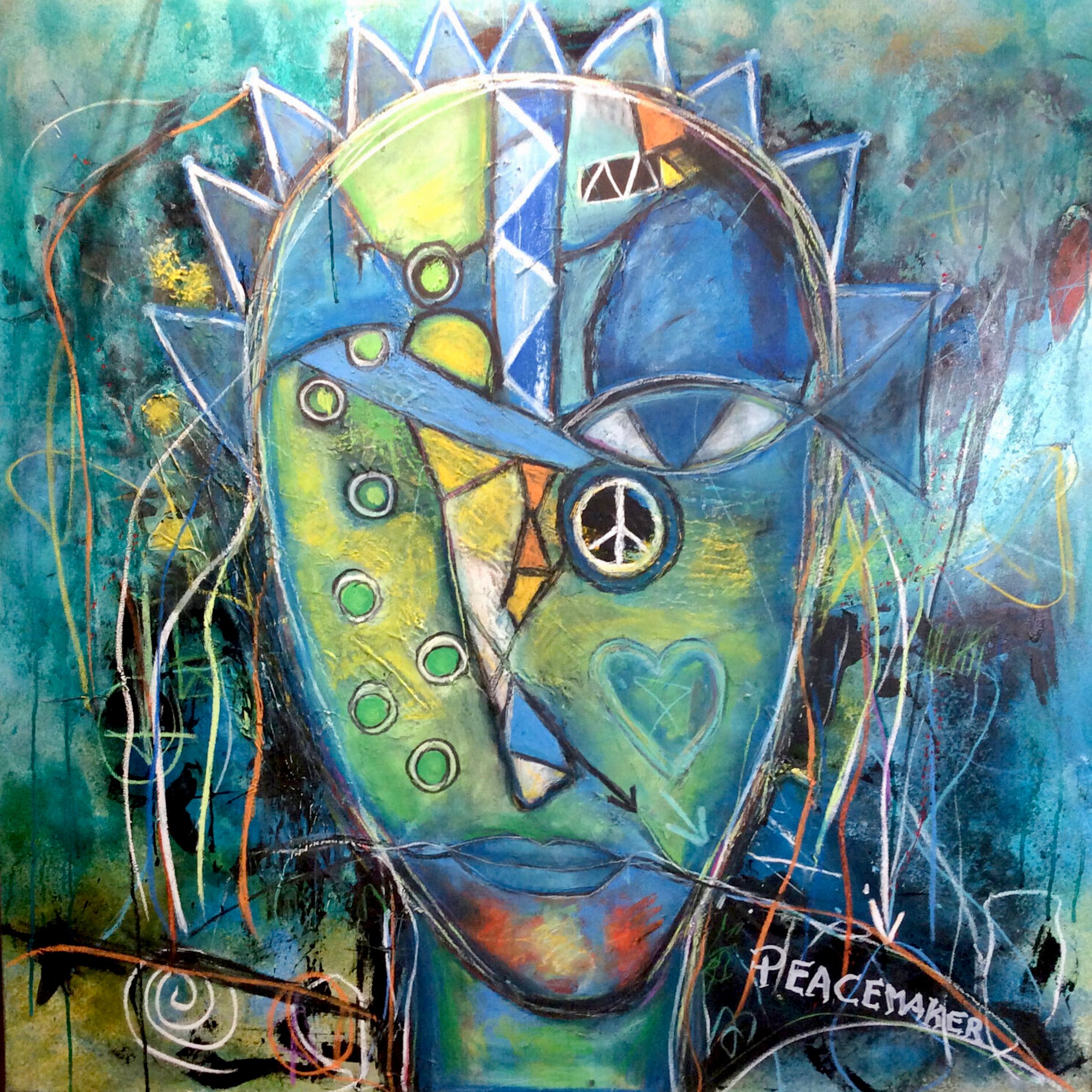Ilona Schmidt's "The Peacemaker...looking for a new job" expressionistisches Porträtgemälde  zeigt einen Friedensstifter, der nach Stabilität und Sicherheit sucht. Die Farbpalette des Bildes besteht aus verschiedenen Blau-, Gelb- und Grüntönen, die harmonisch miteinander verschmelzen. Das Blau steht für die Ruhe und Stabilität, die der Friedensstifter sucht, während das Gelb die Hoffnung und die positive Ausrichtung seiner Mission symbolisiert.. Grün steht für Natur  und vermittelt ein Gefühl von Wachstum und Entwicklung. 