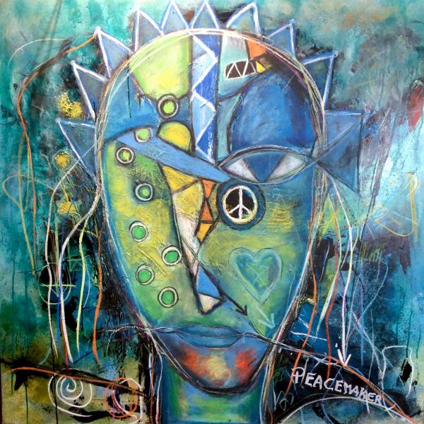Ilona Schmidt's "The Peacemaker...looking for a new job" expressionistisches Porträtgemälde  zeigt einen Friedensstifter, der nach Stabilität und Sicherheit sucht. Die Farbpalette des Bildes besteht aus verschiedenen Blau-, Gelb- und Grüntönen, die harmonisch miteinander verschmelzen. Das Blau steht für die Ruhe und Stabilität, die der Friedensstifter sucht, während das Gelb die Hoffnung und die positive Ausrichtung seiner Mission symbolisiert.. Grün steht für Natur  und vermittelt ein Gefühl von Wachstum und Entwicklung. 