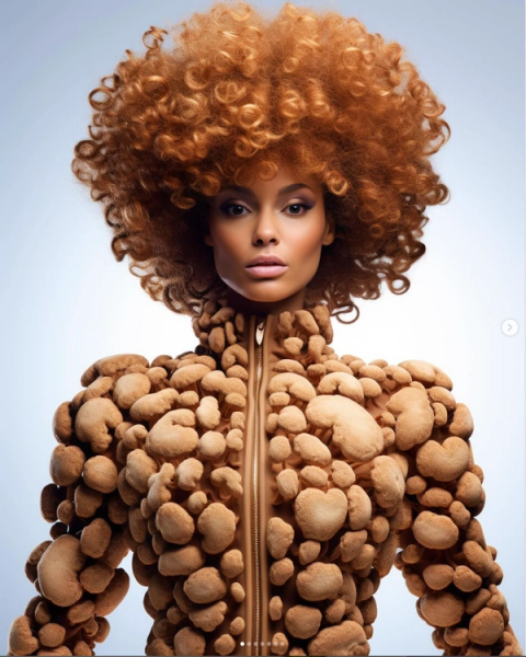 Bonny Carrera's AI-generated portrait picture ‘Mashrooms’ shows a coloured woman with a mushroom outfit.