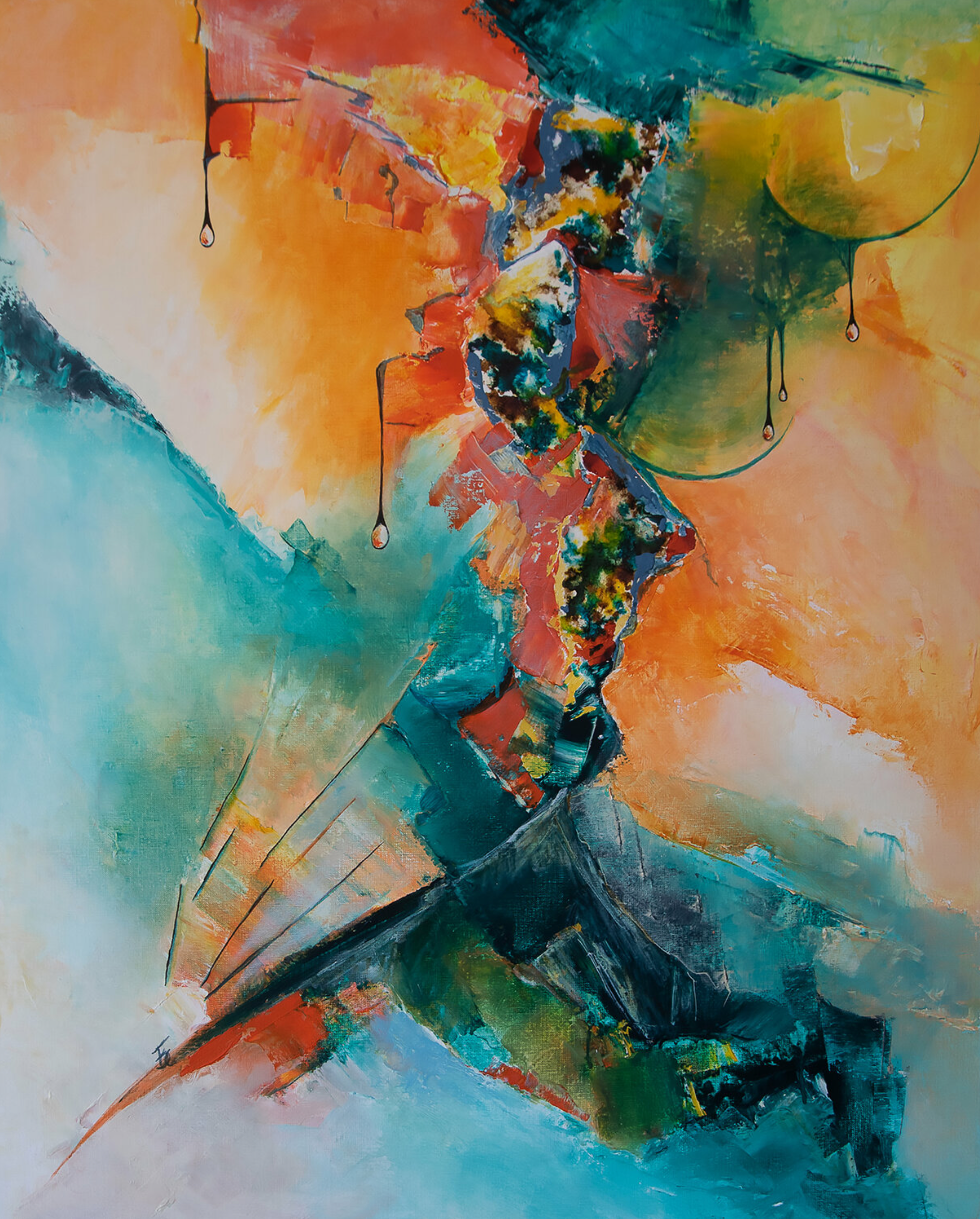 La pintura abstracta "Quintescence" de Françoise Dugourd-Caput muestra una silueta onírica espacial o extraterrestre, la luz acompaña el viaje en medio de un caos de esferas y formas geométricas, gotas de vida se abren a un espacio portador de esperanza. Una invitación a un viaje iniciático hacia la autorrealización.