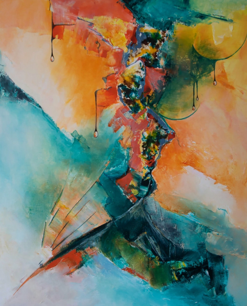 Françoise Dugourd-Caput's "Quintescence" abstraktes Gemälde zeigt eine traumhafte räumliche oder außerirdische Silhouette, das Licht begleitet die Reise inmitten eines Chaos von Kugeln und geometrischen Formen, Lebenstropfen öffnen sich zu einem Raum, der Hoffnung trägt. Eine Einladung zu einer Initiationsreise zur Selbstverwirklichung