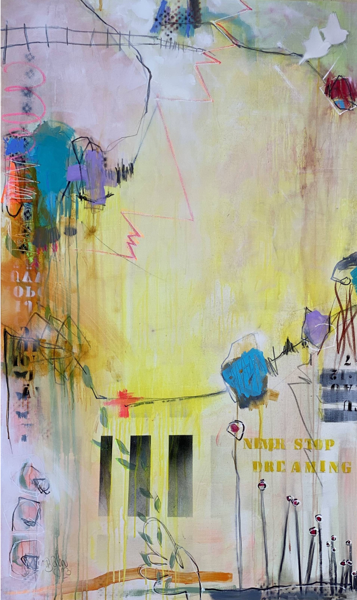 Bea G Schuberts "Never stop dreaming No.2" ist ein abstraktes farbenfrohes Gemälde mit der dominierenden Farbe Gelb. 