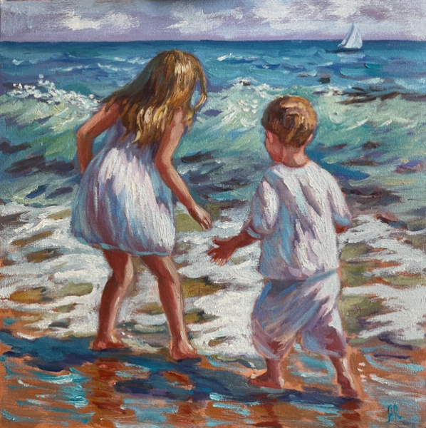 Anna Reznikova's "Chasing the Waves" Gemälde zeigt spielende Kinder am Meer. Farben überwiegend türkis, blau. 