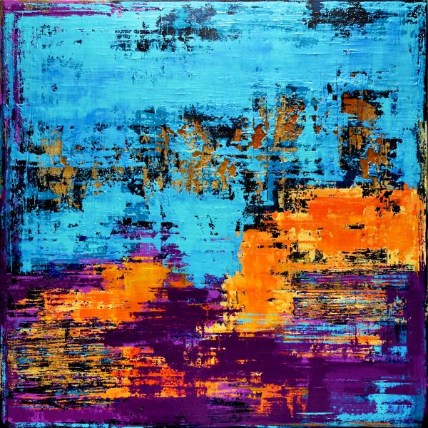 In Inez Froehlich's "YOYAGE" farbenfrohes abstraktes Gemälde dominieren warme, leuchtende Farben in Kombination mit Struktureffekten. . Der Stil des Gemäldes ist Shabby chic, Industriestil, Vintage, Retro, Boho, rustikal.