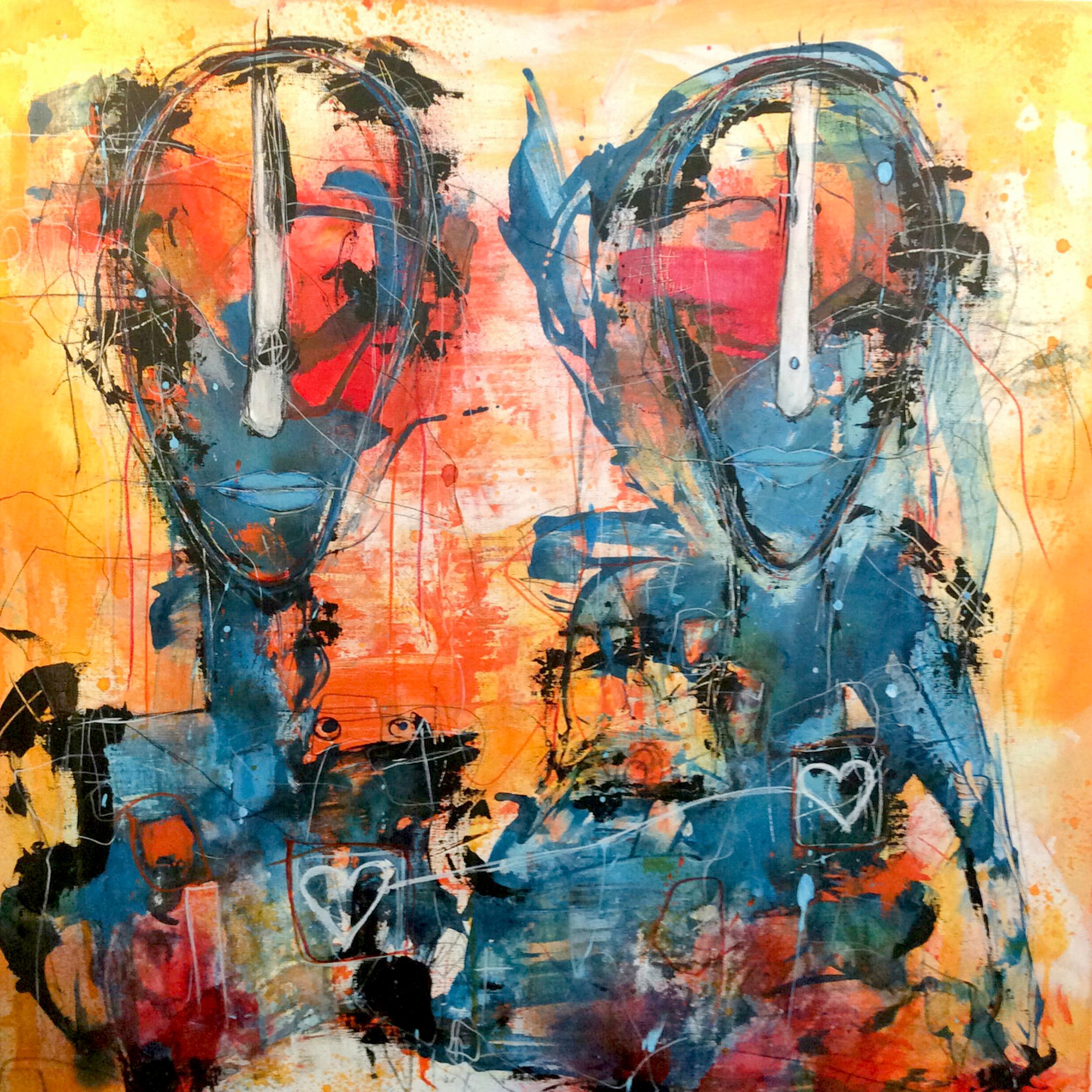 Il ritratto semi-astratto "Connected with the Heart" di Ilona Schmidt raffigura due persone/facce. La tavolozza dei colori del dipinto è composta da diverse tonalità di blu, giallo e rosso che si fondono armoniosamente tra loro.