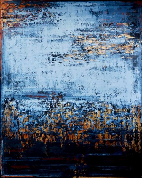 In Inez Froehlich's "MOONLIGHT SERENADE" expressionistic, abstract, gilded painting, the colours copper, gold, blue tones, anthracite, black dominate. The style of the painting is shabby chic, industrial style, vintage, retro, boho, rustic