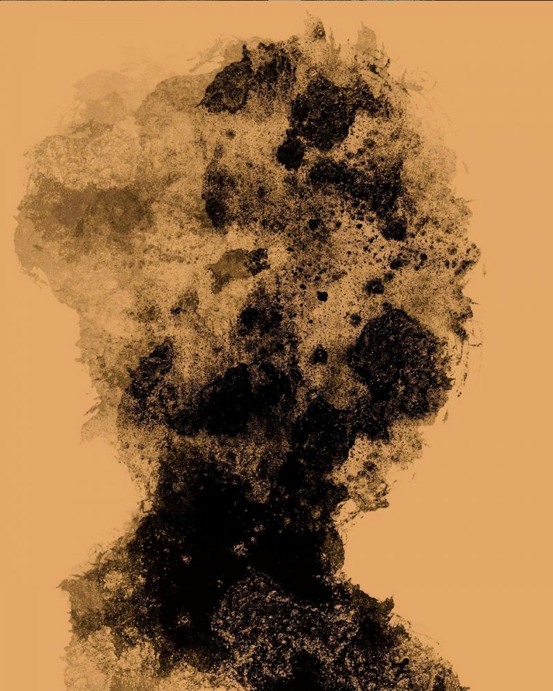 Zoko digitale Zeichnung abstraktes Portrait verrauchtes Gesicht auf gelben Hintergrund