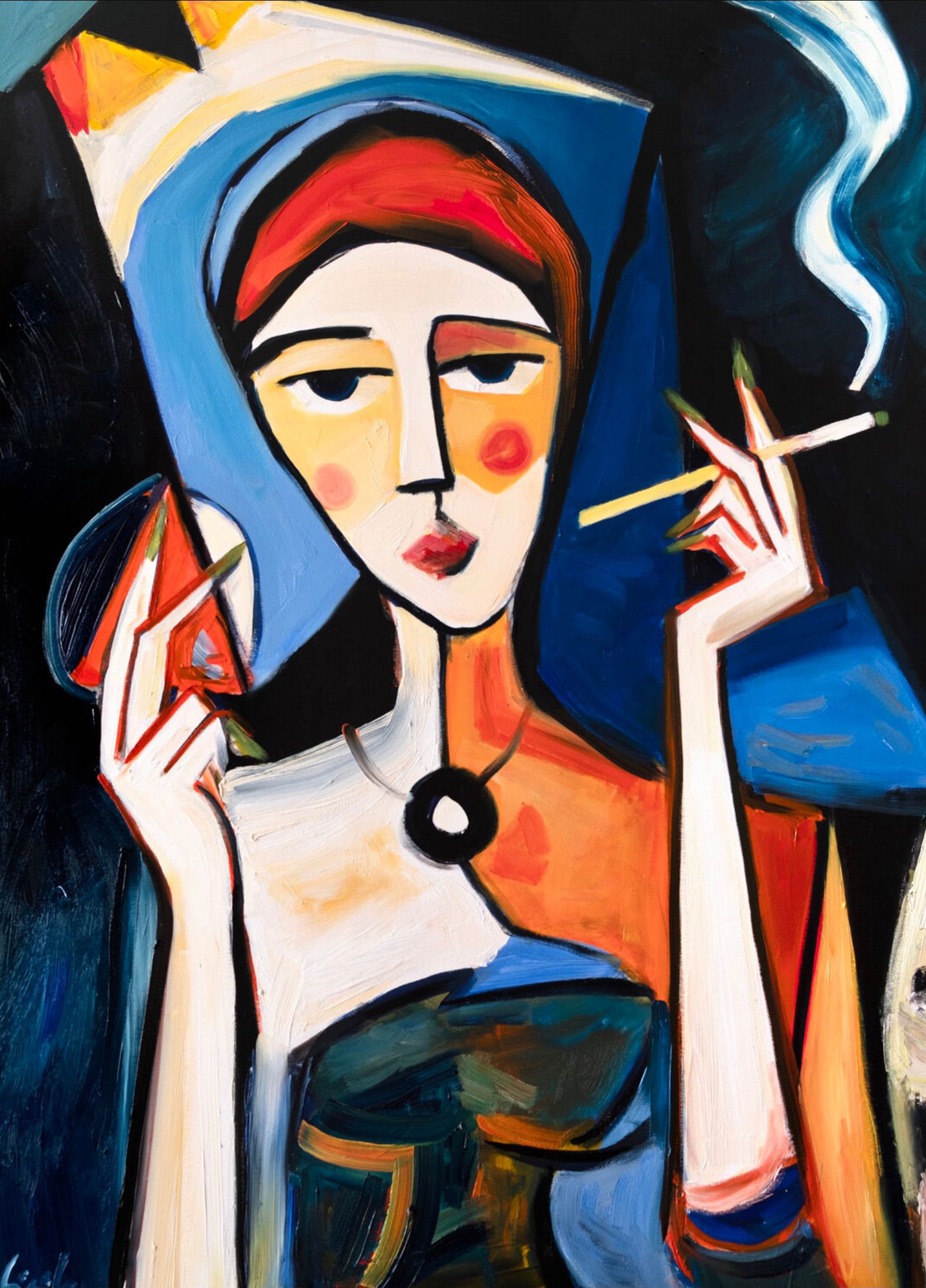 MECESLA Maciej Cieśla, "Chica en estilo semiabstracto 10", Mujer con cigarrillo, Cálida pero nostálgica, melancólica composición de gesto abstracto dominada por el blanco y el azul con acentos rojos.