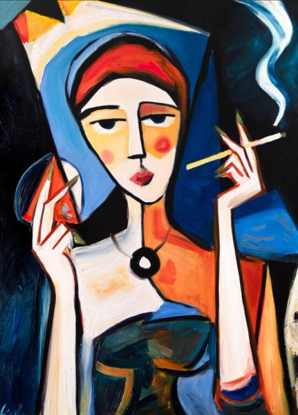 MECESLA Maciej Cieśla, „Girl in semi-abstract style 10", Frau mit Zigarette, Warme, aber nostalgische, melancholische Komposition mit einer abstrakten Geste, die von Weiß und Blau mit roten Akzenten dominiert